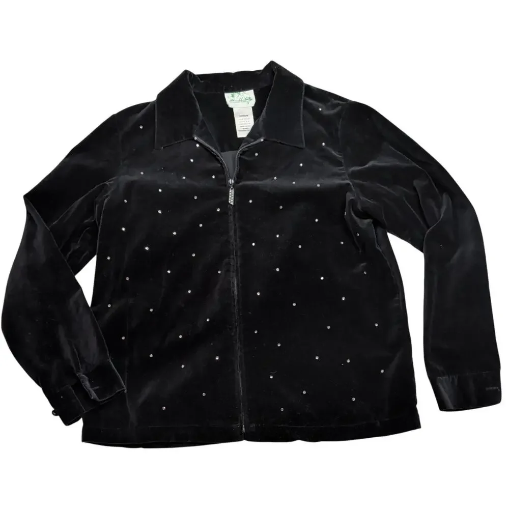VTG The Quacker Factory Black Velvet Rhinestone Accents Full Zip Jacket Size M